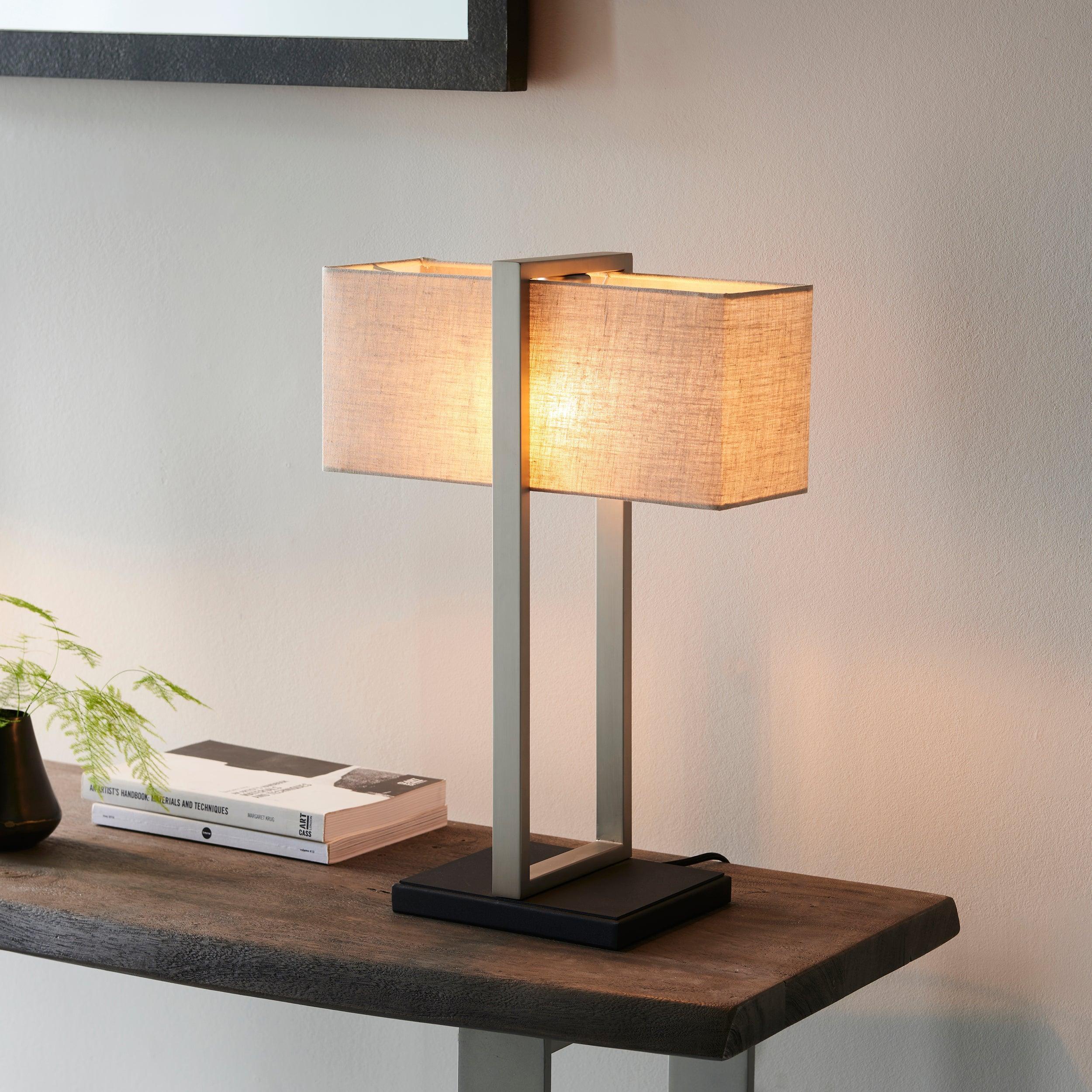 Produr Modern Nickel Table Lamp - Black Base & Linen Shade-Living Lights-Living-Room-Tiffany Lighting Direct-[image-position]