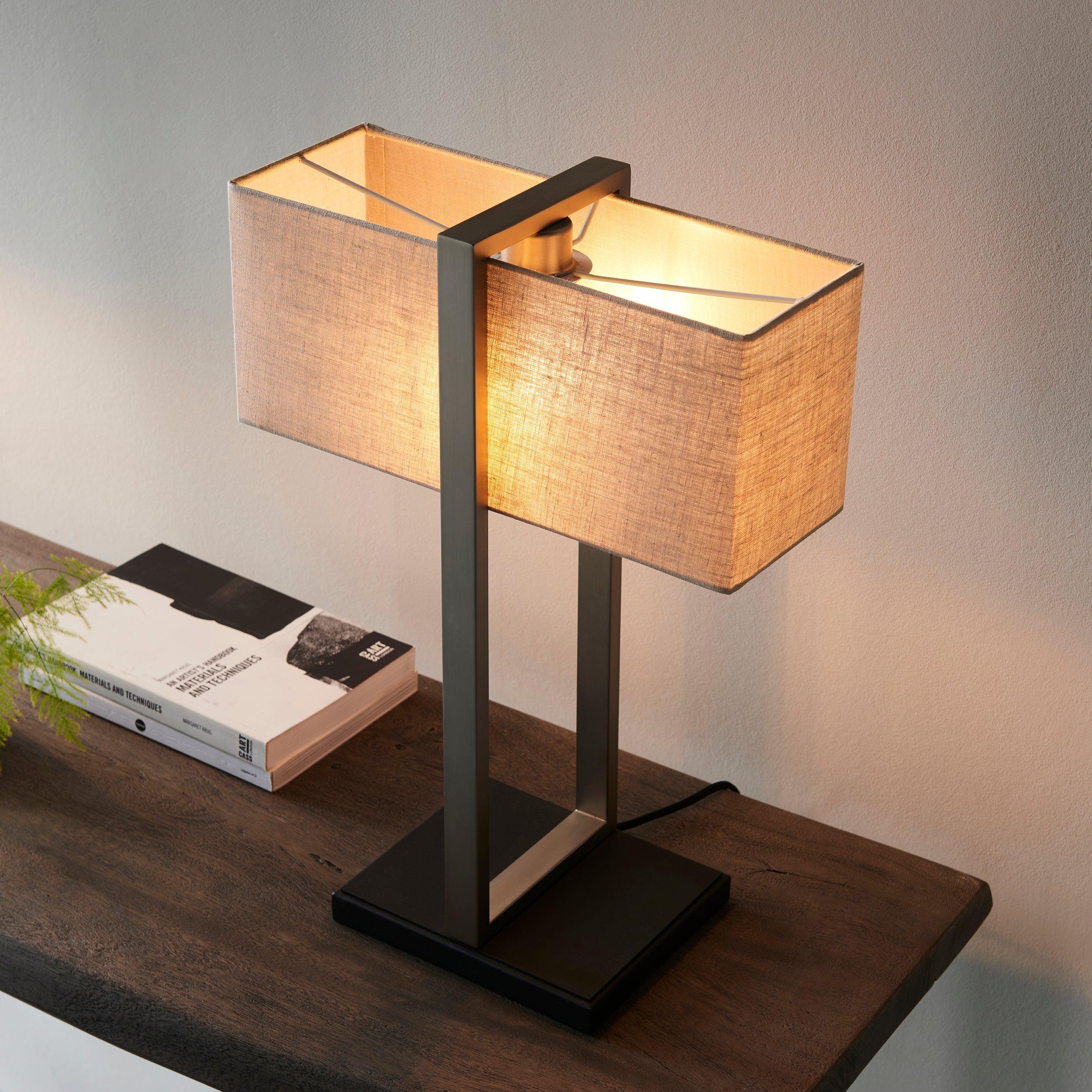 Produr Modern Nickel Table Lamp - Black Base & Linen Shade-Living Lights-Living-Room-Tiffany Lighting Direct-[image-position]