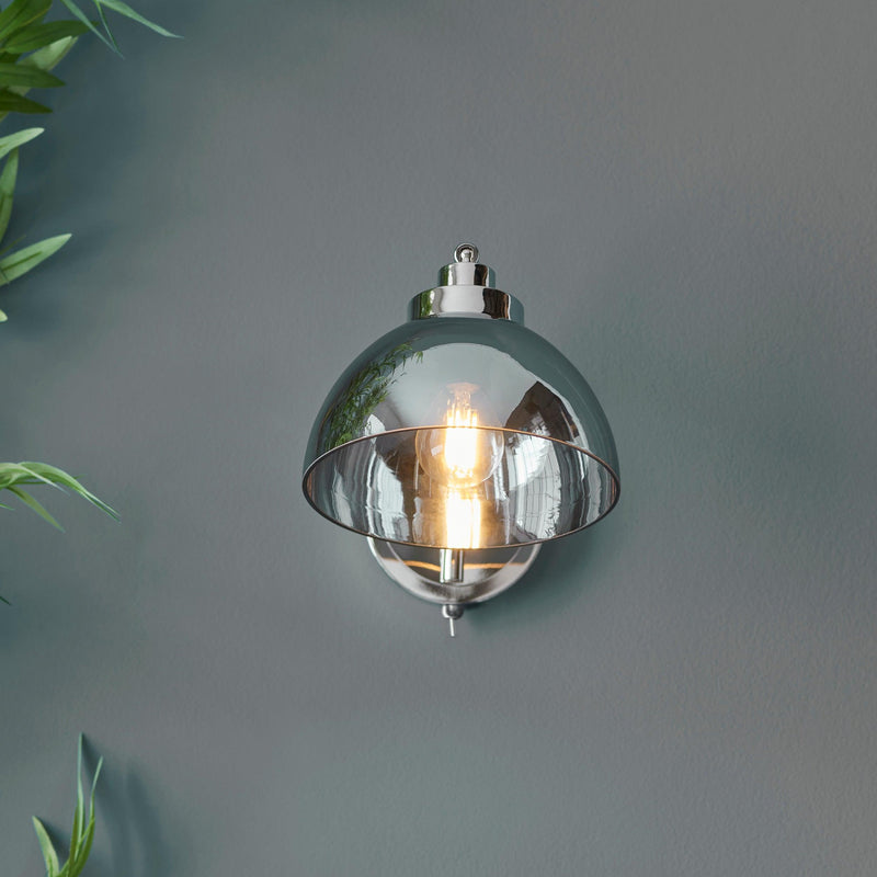 Caspa Nickel & Smoked Mirrored Glass Shade Wall Light close up of shade