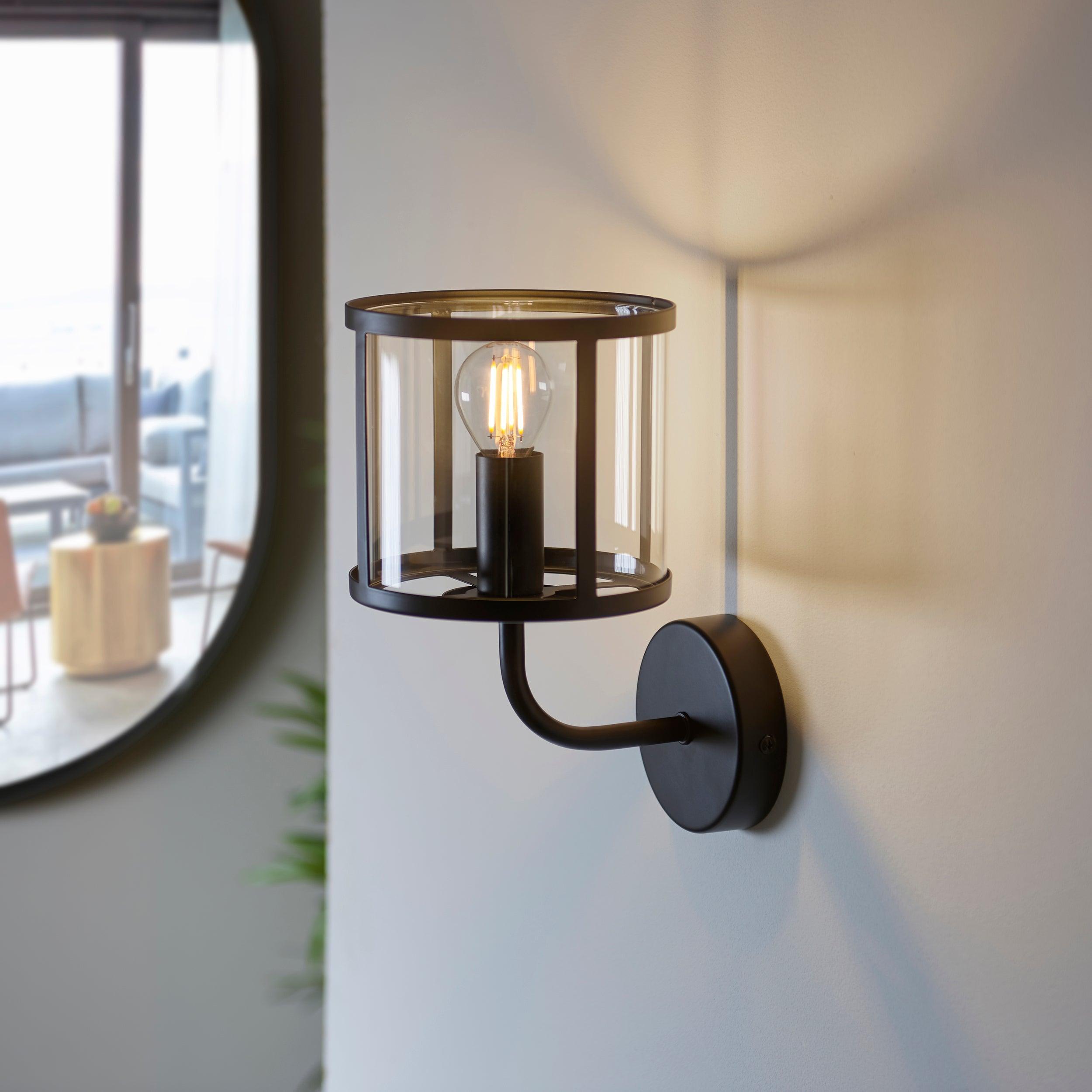 hopton black wall light clear glass shade by Endon Lighting Living Room Close Up 40