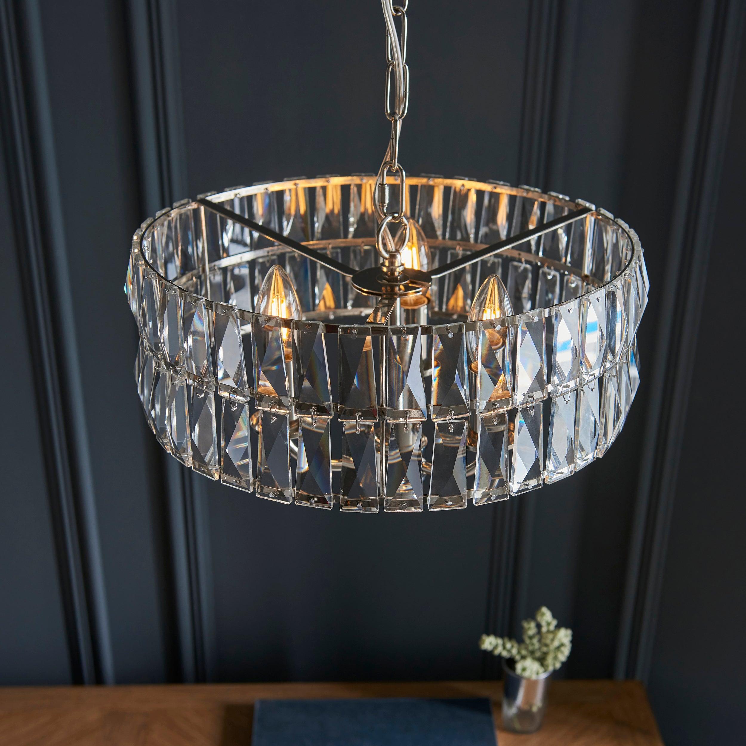 Clifton 3 Light Nickel & Clear Cut Glass Pendant-Ceiling Pendant Lights-Endon Lighting living room close up Tiffany Lighting Direct