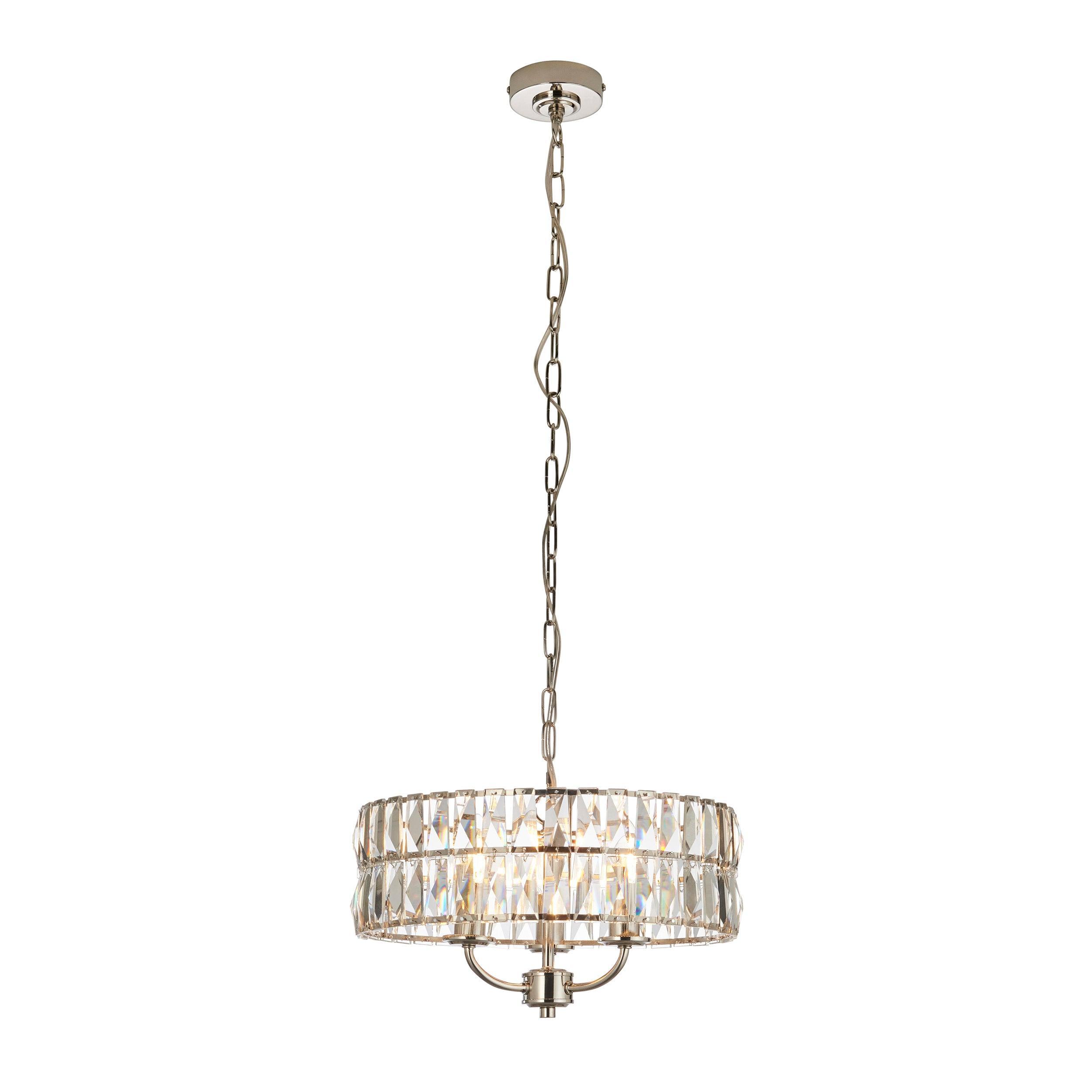 Clifton 3 Light Nickel & Clear Cut Glass Pendant-Ceiling Pendant Lights-Endon Lighting Hallway Lighting Close upTiffany Lighting Direct