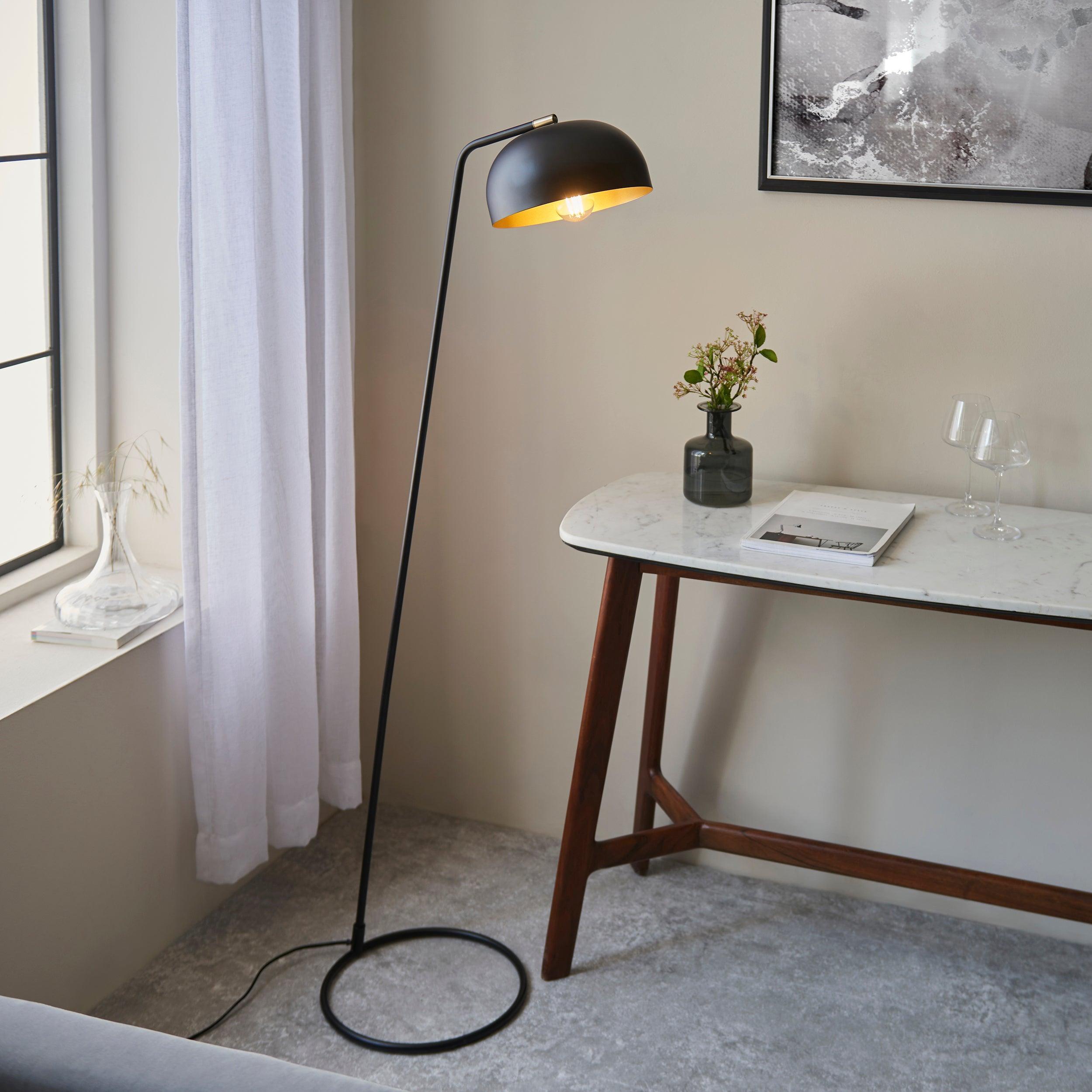 brair new black industrial floor lamp by Endon Lighting Living Room Close Up 48
