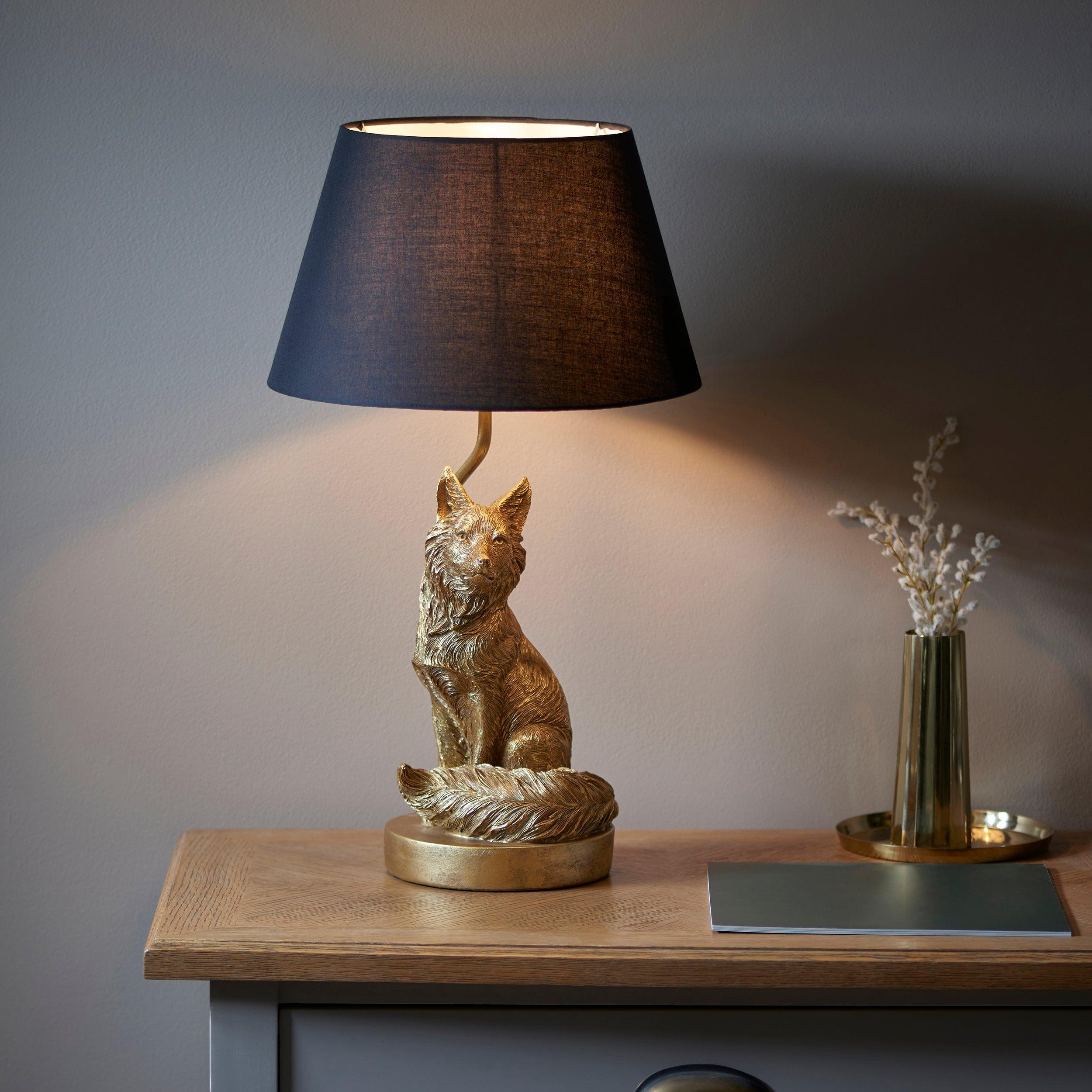 Fox Figurine Gold Table Lamp - Black Shade-Endon Lighting-Living-Room-Tiffany Lighting Direct-[image-position]