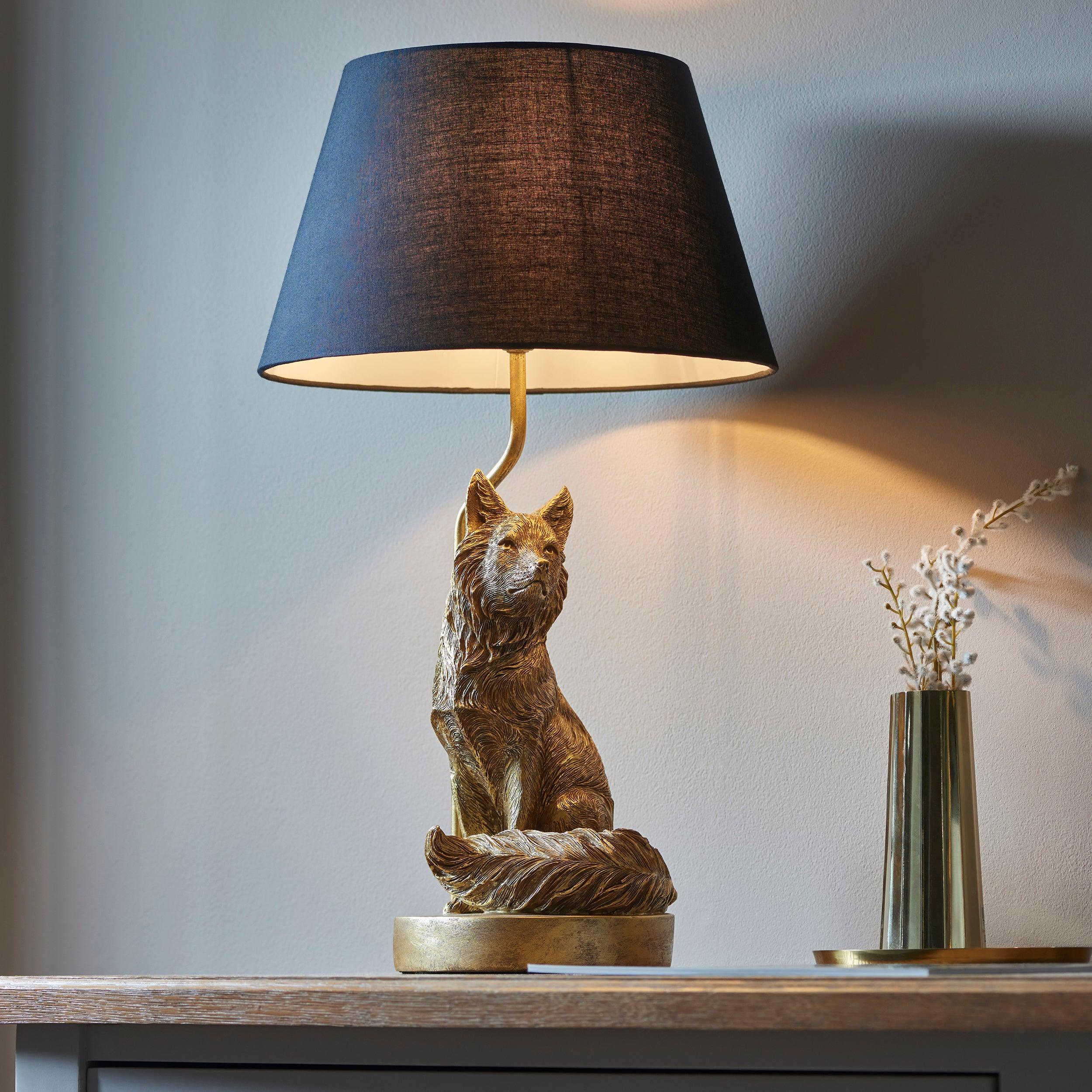 Fox Figurine Gold Table Lamp - Black Shade-Endon Lighting-Living-Room-Tiffany Lighting Direct-[image-position]