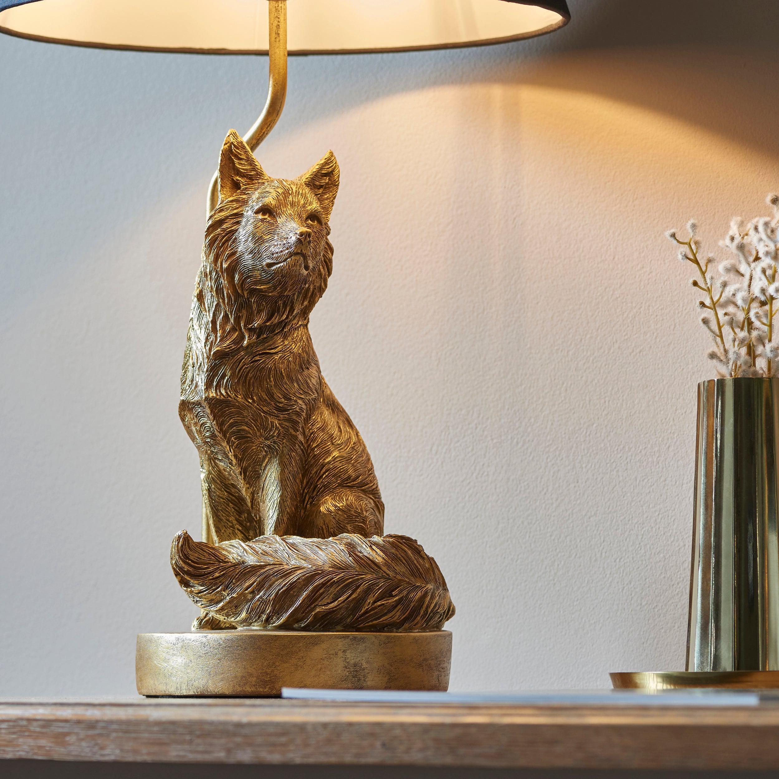 Fox Figurine Gold Table Lamp - Black Shade-Endon Lighting-Living-Room-Tiffany Lighting Direct-[image-position]