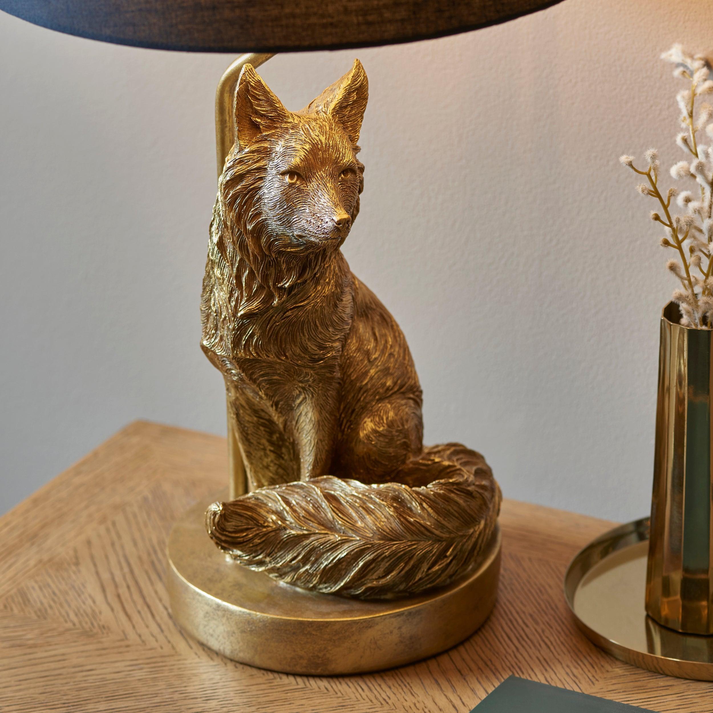 Fox Figurine Gold Table Lamp - Black Shade-Endon Lighting-Living-Room-Tiffany Lighting Direct-[image-position]