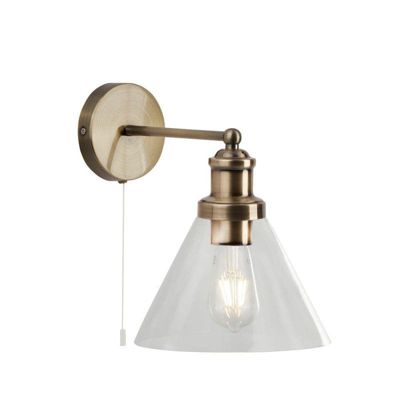 Pyramid Brass Wall Light - Clear Glass Shade - Pull Switch,1277AB,Searchlight Lighting,1