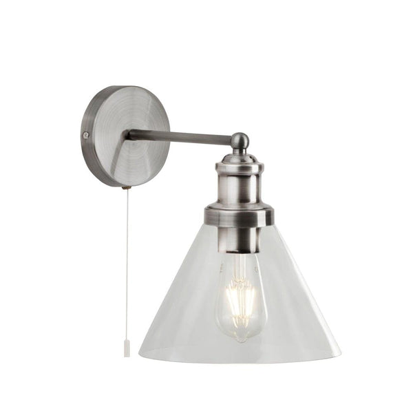 Pyramid Silver Wall Light - Clear Glass Shade - Cord Pull