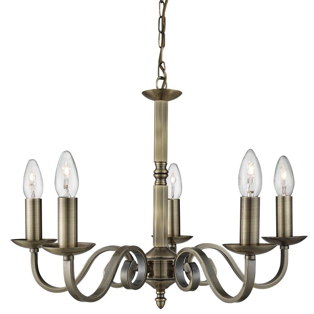 Richmond 5 Light/Scroll Arm Antique Brass Chandelier-1-Tiffany Lighting Direct