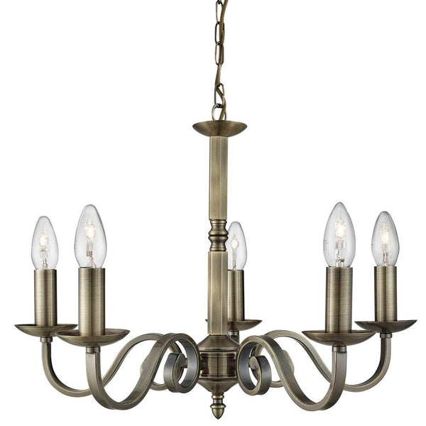 Richmond 5 Light/Scroll Arm Antique Brass Chandelier-Searchlight Lighting-1-Tiffany Lighting Direct