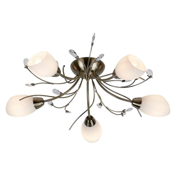 Gardenia 5 Light Brass & Crystal Flush - Opal Glass Shades Living room Image