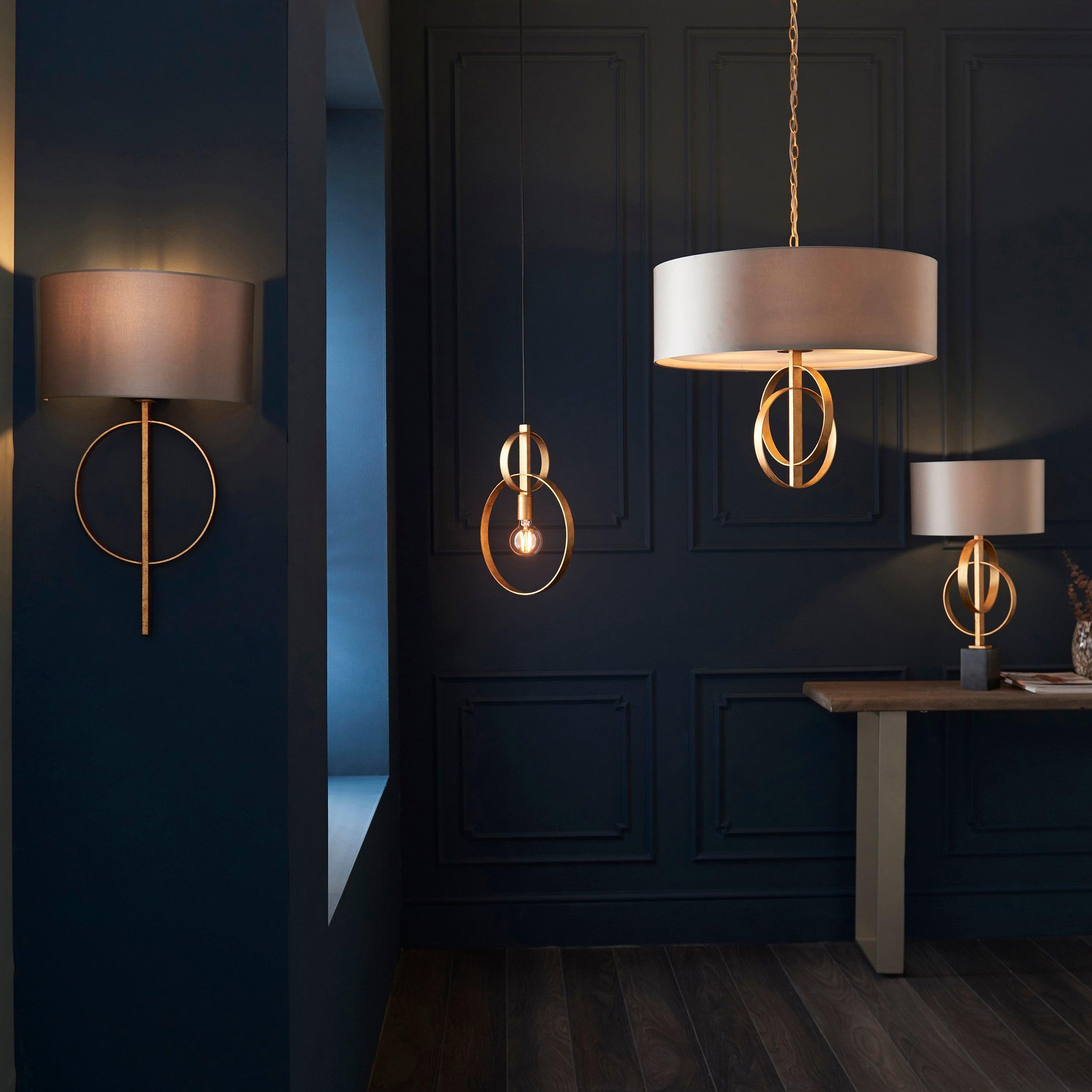 norfolk gold wall light with mink half shade Close Up Lit Image