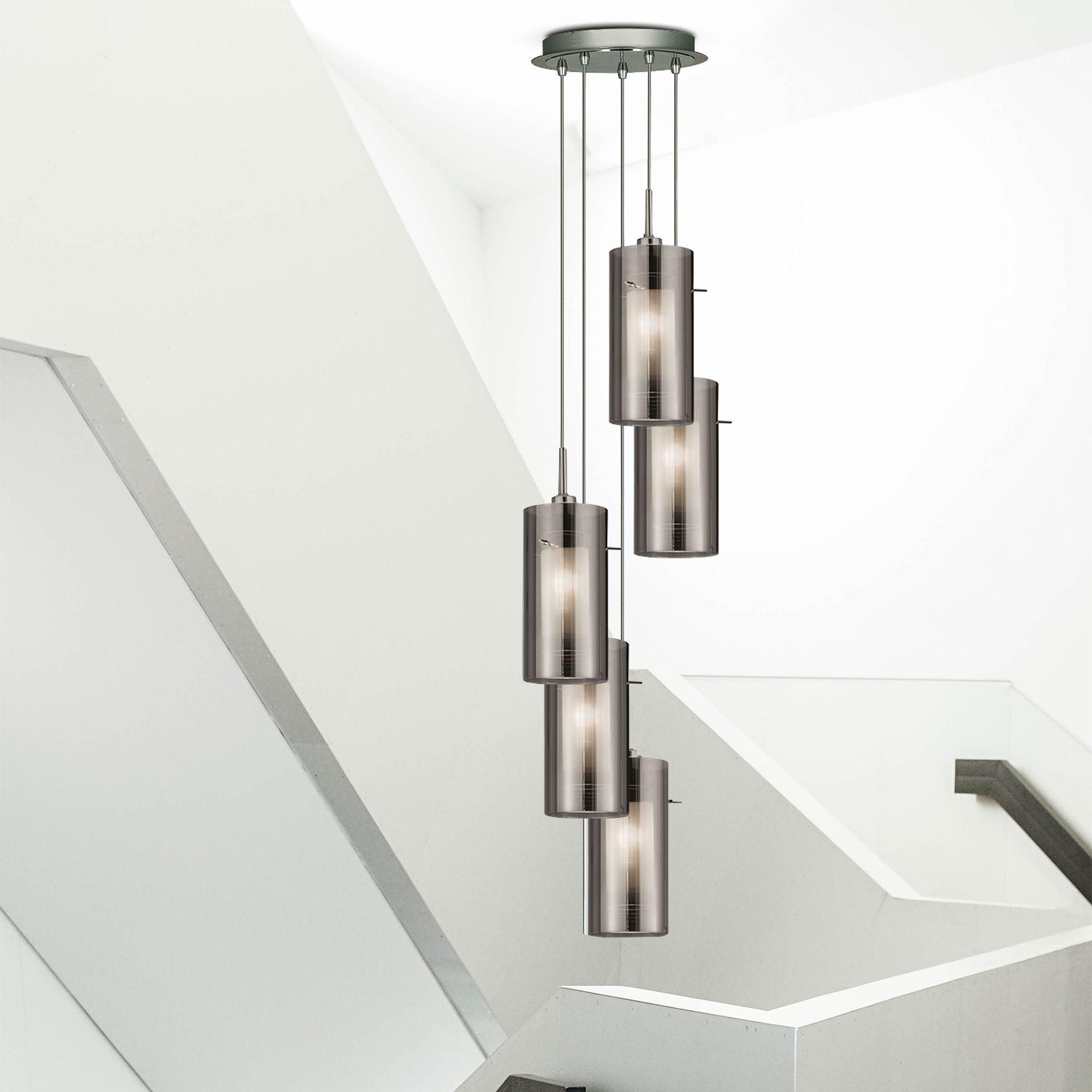 5 Light Duo 2 Multi-drop Pendant Smokey/Frosted Glass Shades-Ceiling Pendant Lights-5-Tiffany Lighting Direct