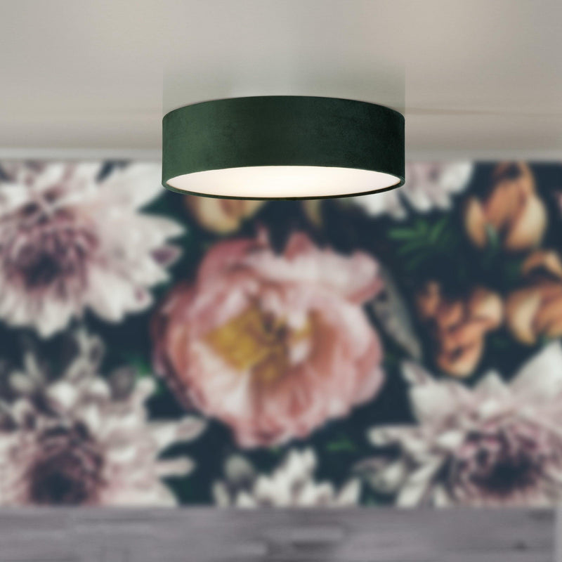 Searchlight Drum 3 Light Ceiling Flush - Green Velvet Shade Living Room Image 5