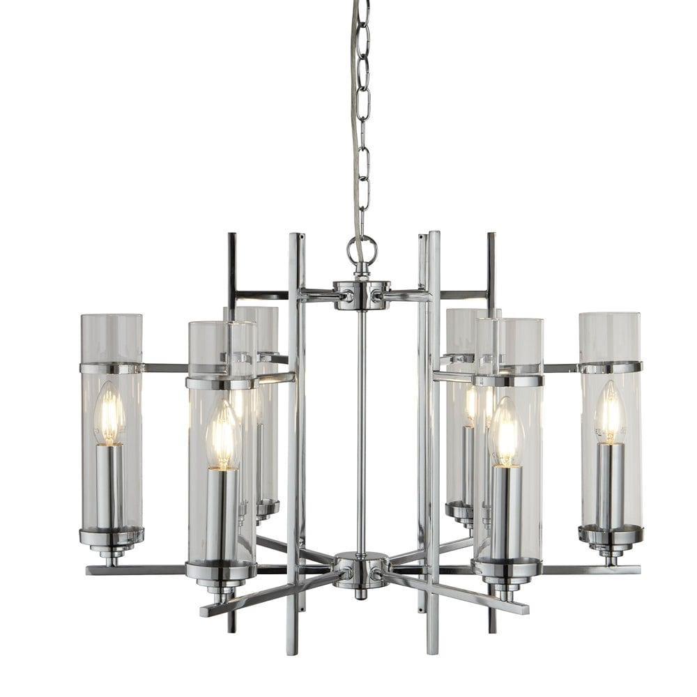 Milo 6 Light Chrome Ceiling Pendant - Glass Cylinder Shades-Ceiling Pendant Lights-1-Tiffany Lighting Direct