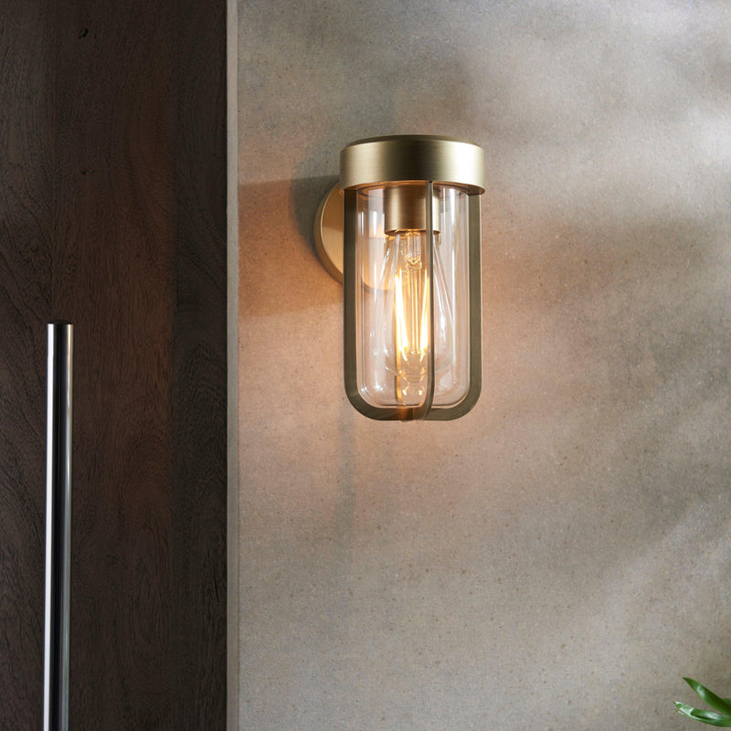Newquay Brushed Gold Outdoor Wall Light - Glass Shade  Living Room Close Up