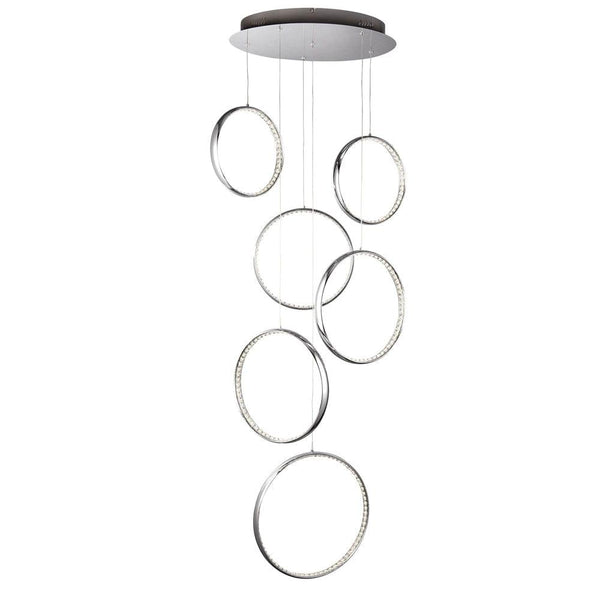 Rings 6 Light LED Multi-Drop Chrome & Crystal Pendant