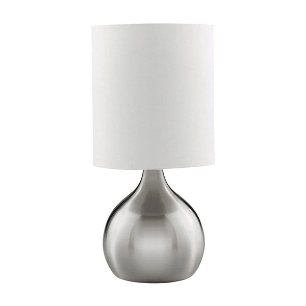 Touch Table Lamp Satin Silver Base White Drum Shade 1