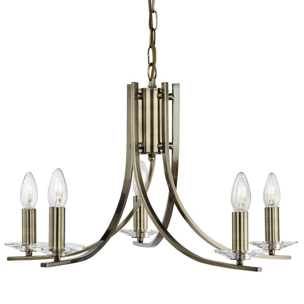 Ascona 5 Light Antique Brass Chandelier - Glass Sconces-Searchlight Lighting-1-Tiffany Lighting Direct