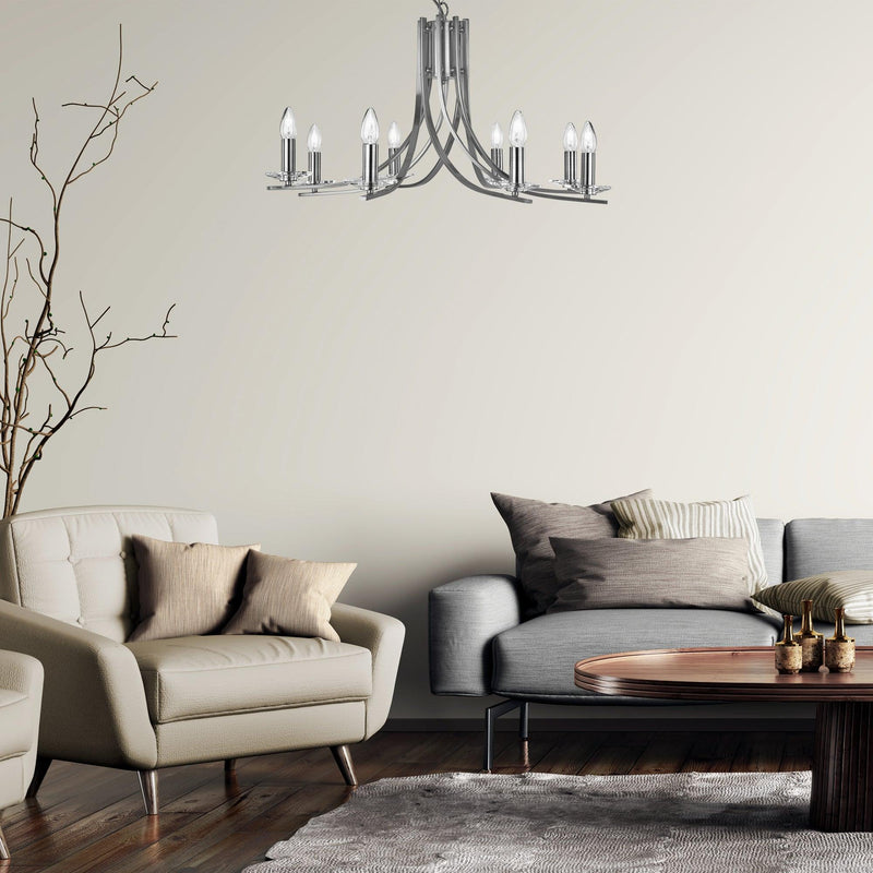 Ascona 8 Light Satin Silver Ceiling Light With Glass Sconces