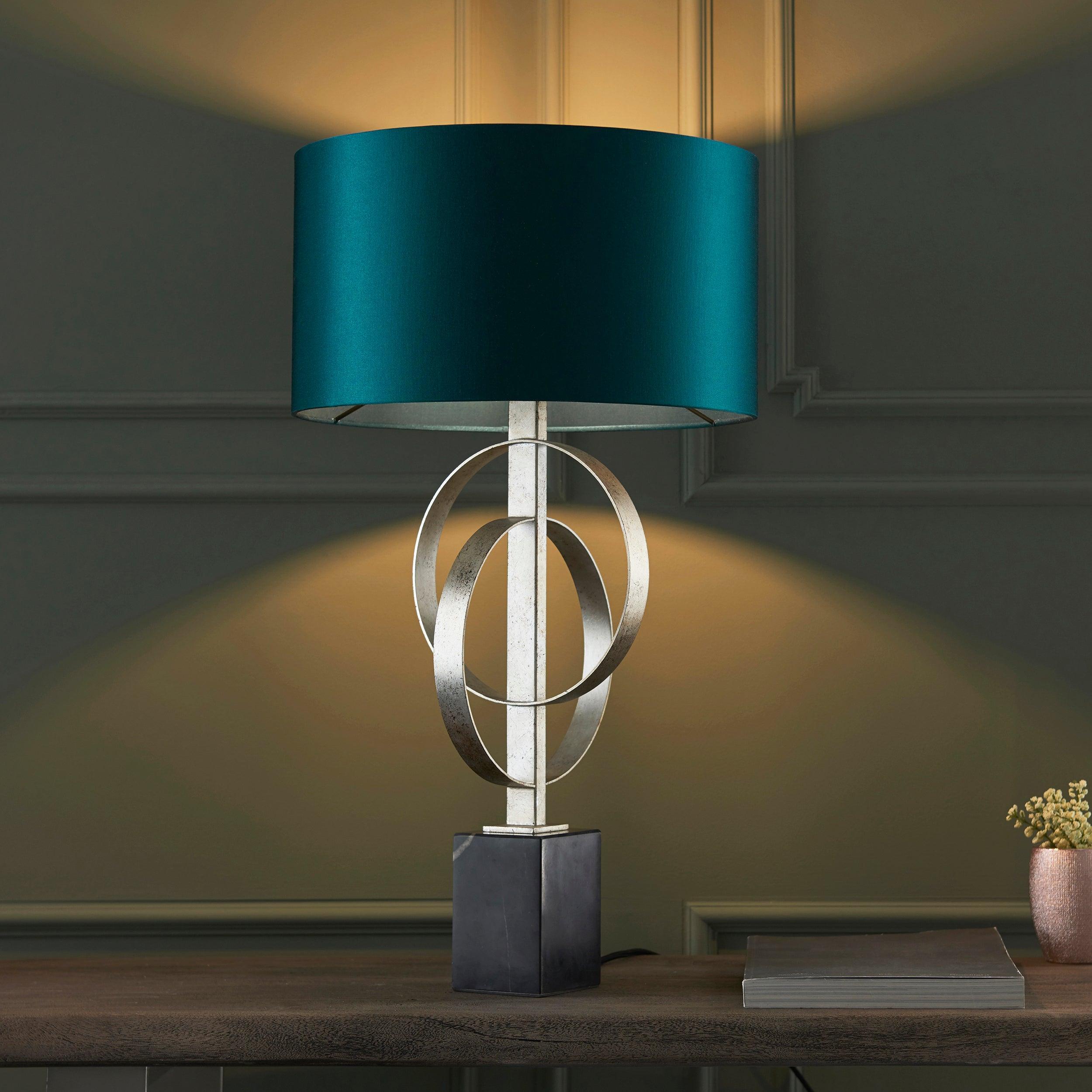 Norfolk Silver Table Lamp With Black Marble Base - Teal Shade-Living Lights-Living-Room-Tiffany Lighting Direct-[image-position]