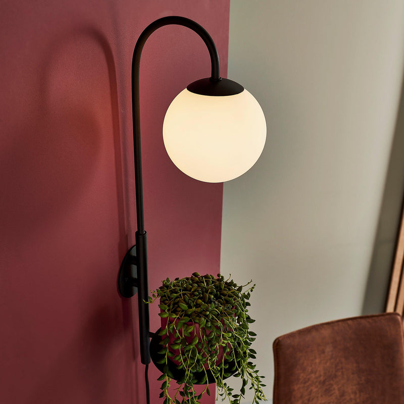 Southall Plug in Black Wall Light With Opal Glass Shade