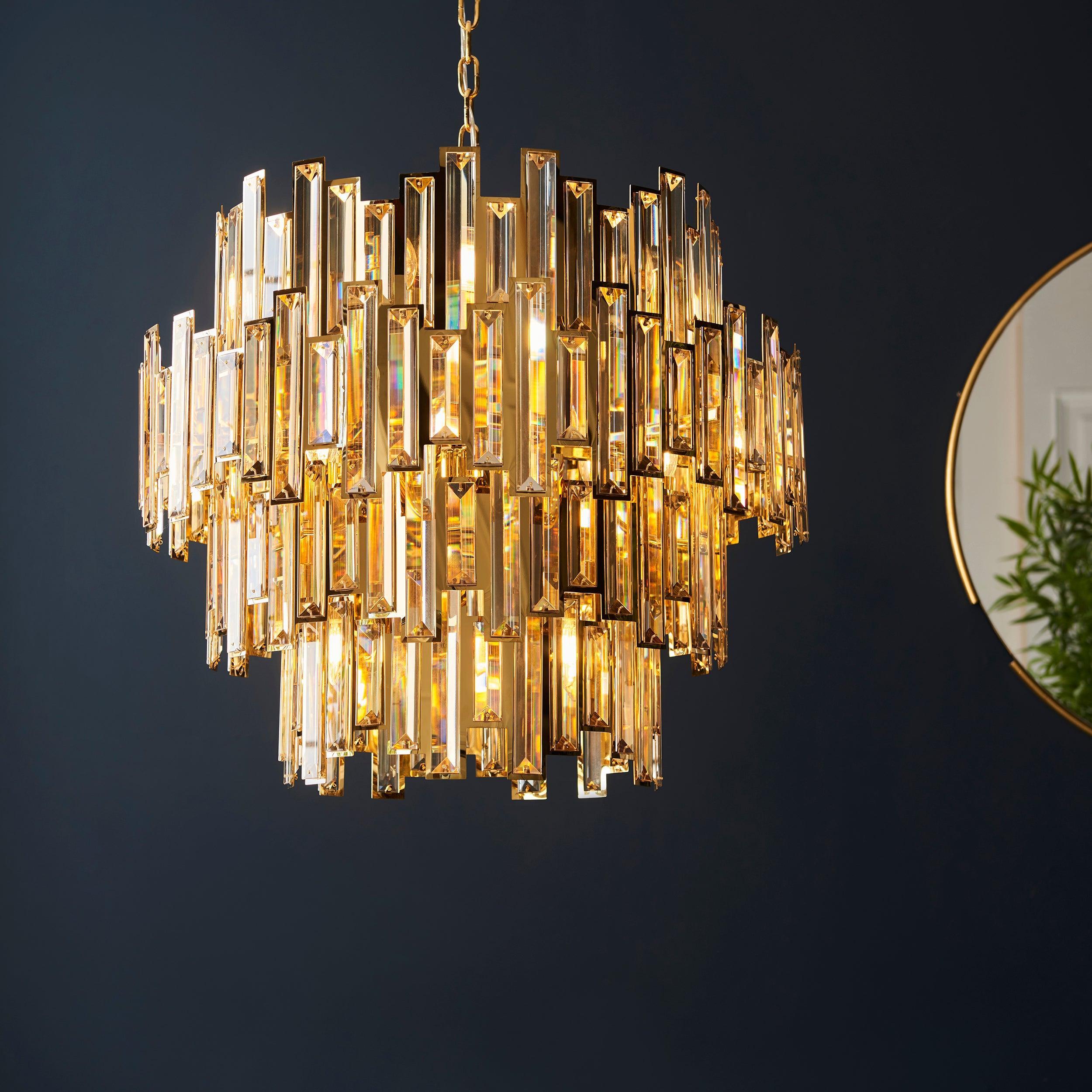 Aura 15 Light Adjustable Gold & Champagne Crystal Pendant-Ceiling Pendant Lights-Living Lights Living Room Close Up Lighting Tiffany Lighting Direct