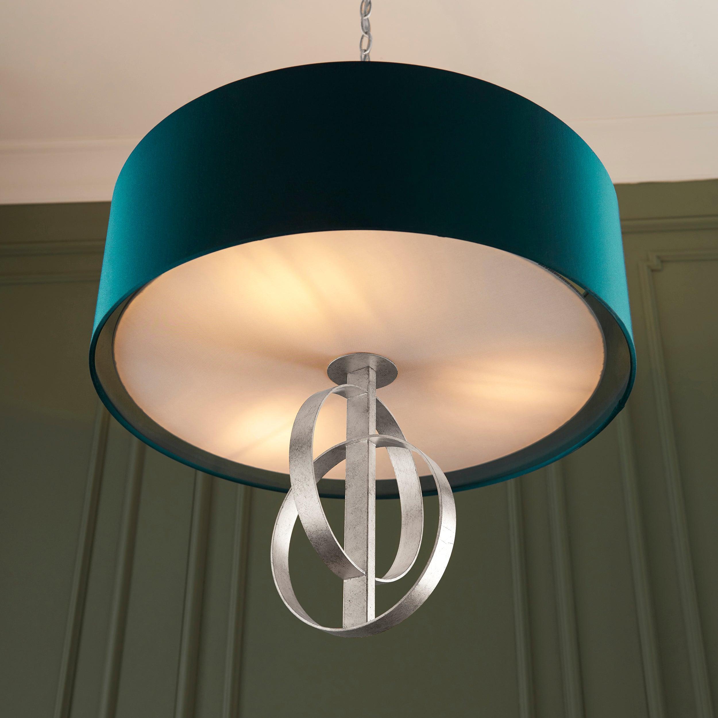 Norfolk 3 Light Silver Leaf Pendant With Large Teal Shade-Ceiling Pendant Lights-Living Lights-6-Tiffany Lighting Direct