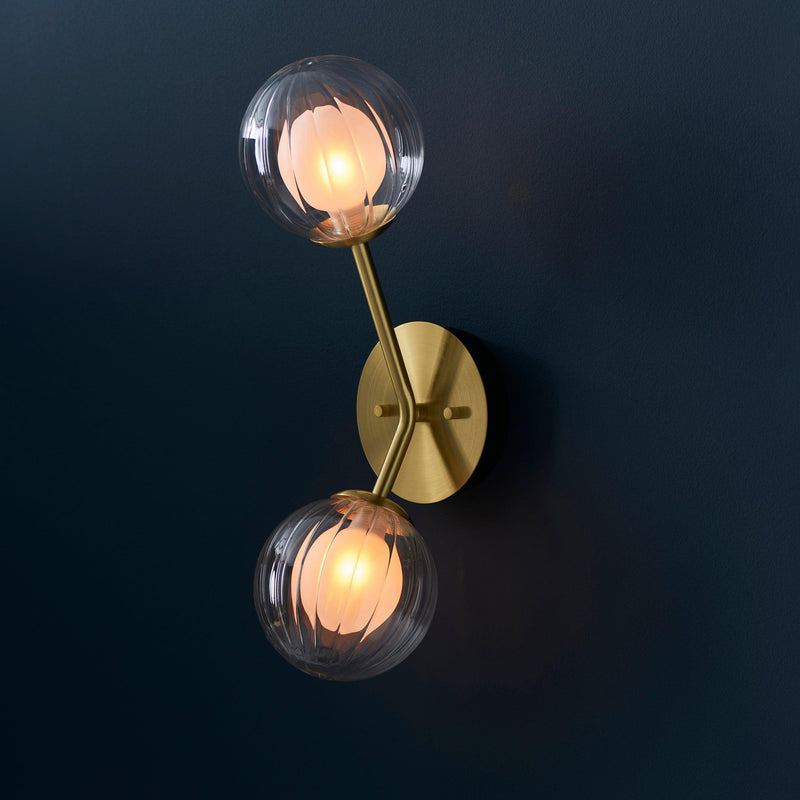 Riviera Double Art Deco Brass Wall Light - Glass Shades Close Up Image