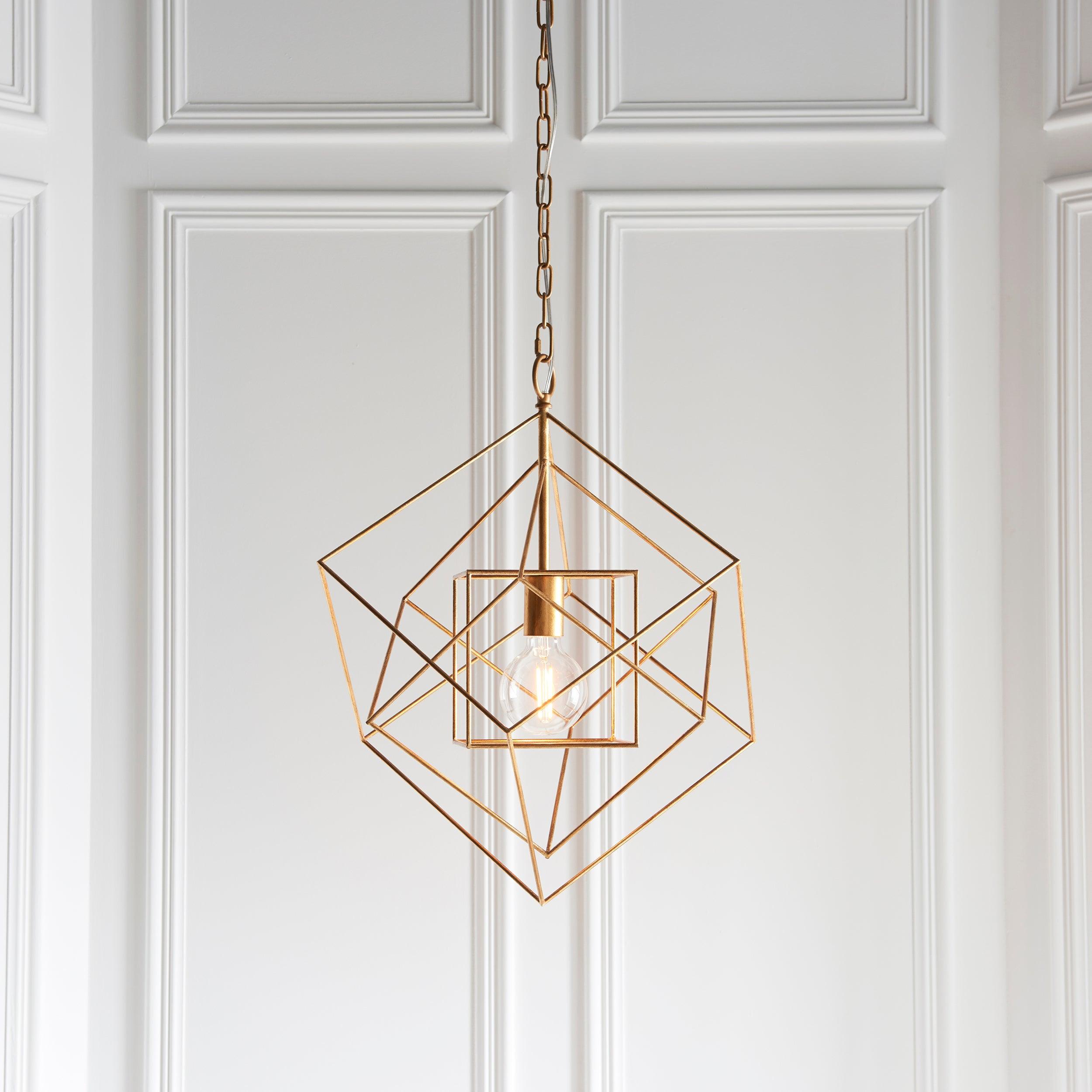 Geometric Gold Leaf Framed Ceiling Pendant Light-Ceiling Pendant Lights-Living Lights-2-Tiffany Lighting Direct