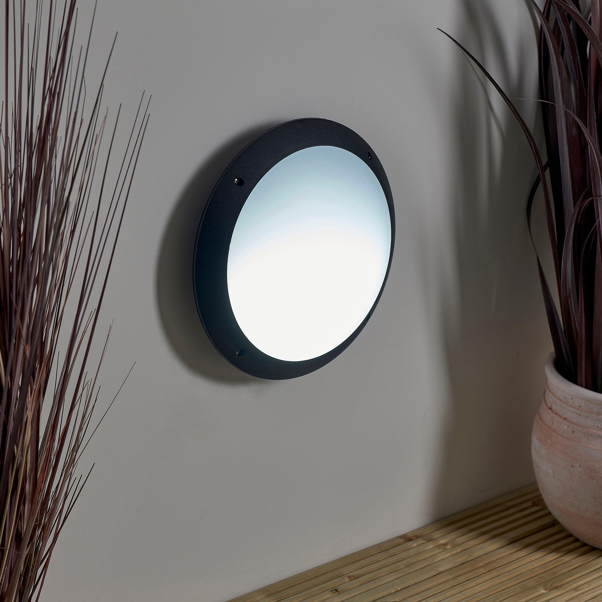 seran black outdoor flush bulkhead light ip65 12wby Saxby Lighting, close up image