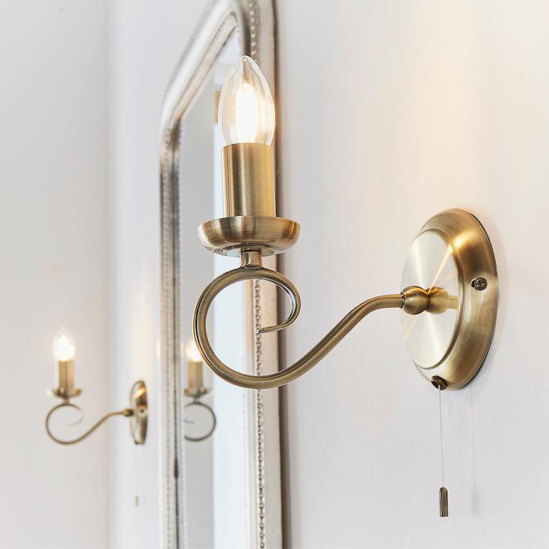 Traditional Wall Lights - Trafford Antique Brass Finish Single Arm Wall Light 180-1AN right duo