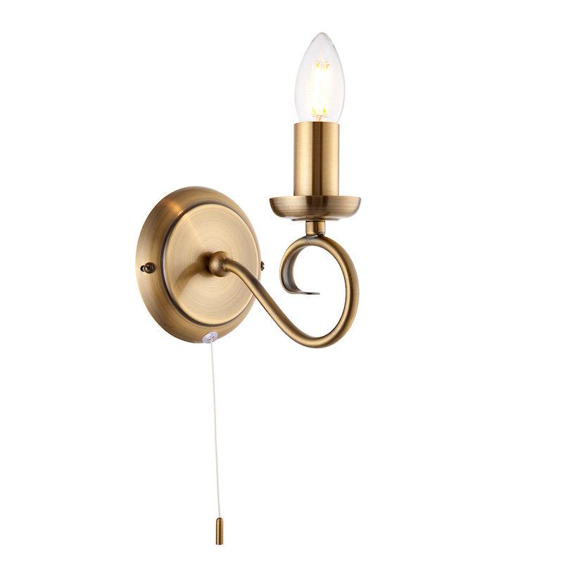 Traditional Wall Lights - Trafford Antique Brass Finish Single Arm Wall Light 180-1AN turned on