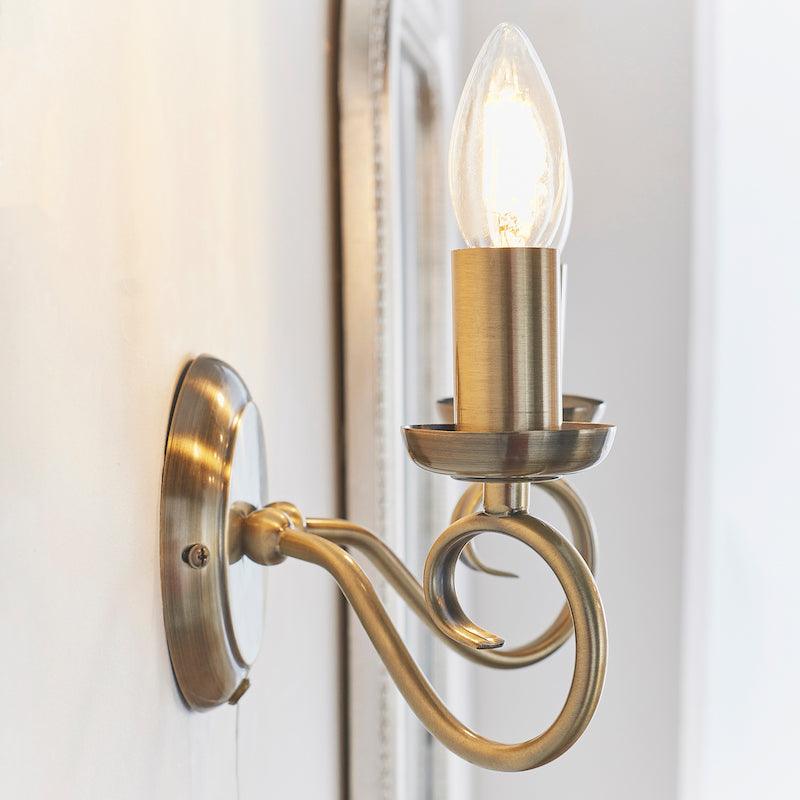 Traditional Wall Lights - Trafford Antique Brass Finish Twin Arm Wall Light 180-1AN left