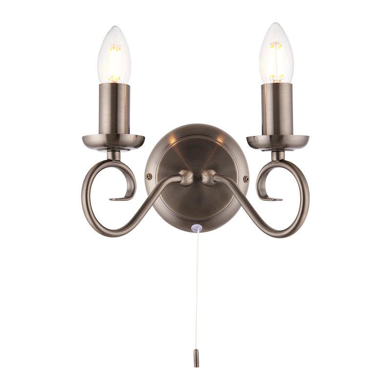 Traditional Wall Lights - Trafford Antique Silver Finish Twin Arm Wall Light 180-5AS turned on