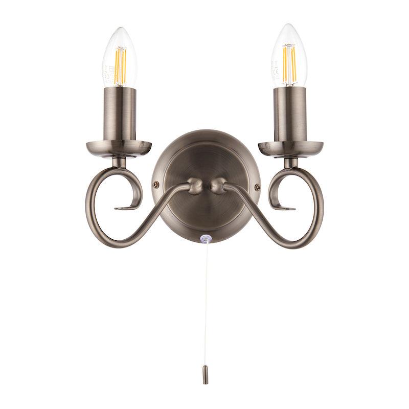 Traditional Wall Lights - Trafford Antique Silver Finish Twin Arm Wall Light 180-5AS turned off