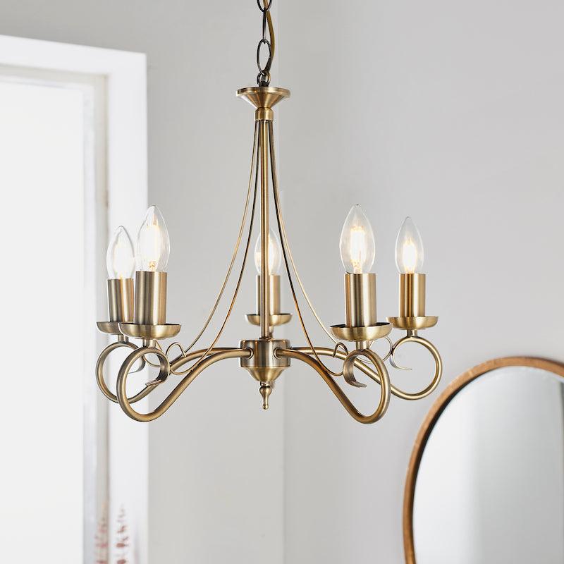 Traditional Ceiling Pendant Lights - Trafford Antique Brass Finish 5 Light Chandelier 61639 close up