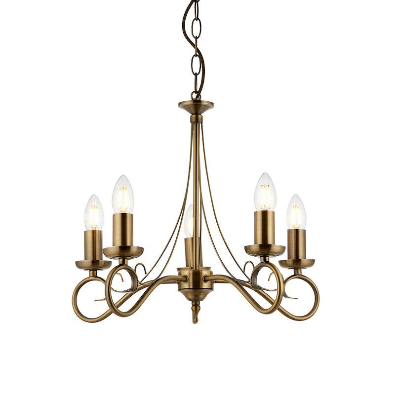 Traditional Ceiling Pendant Lights - Trafford Antique Brass Finish 5 Light Chandelier 61639 close up turned on