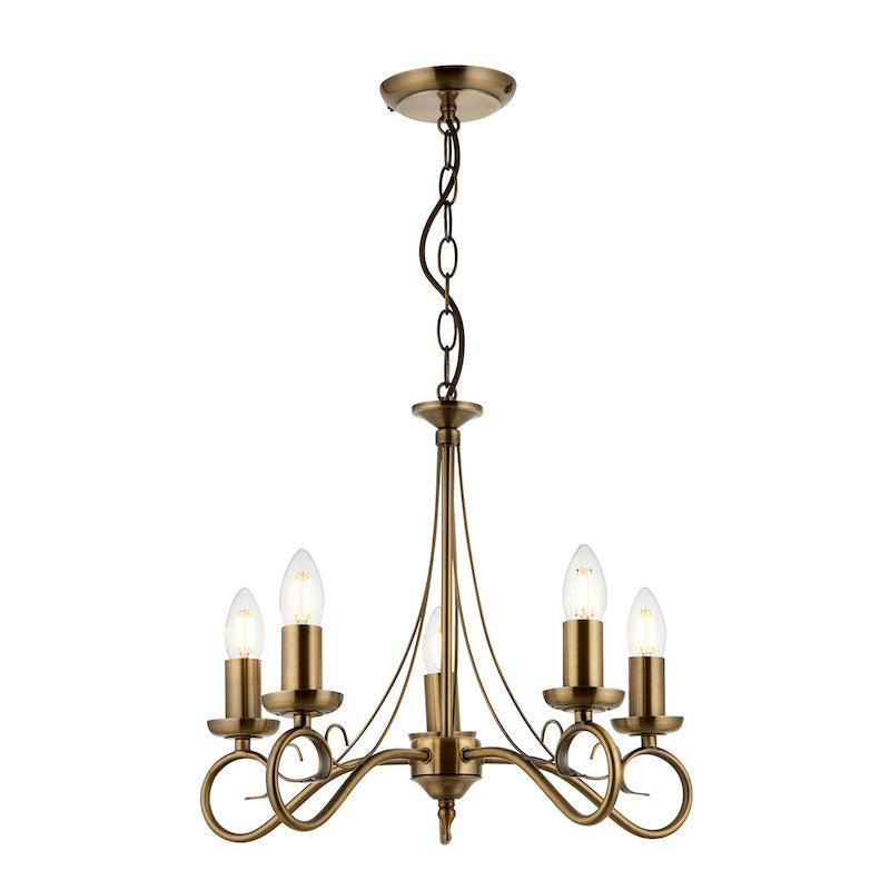 Traditional Ceiling Pendant Lights - Trafford Antique Brass Finish 5 Light Chandelier 61639 full view turned on