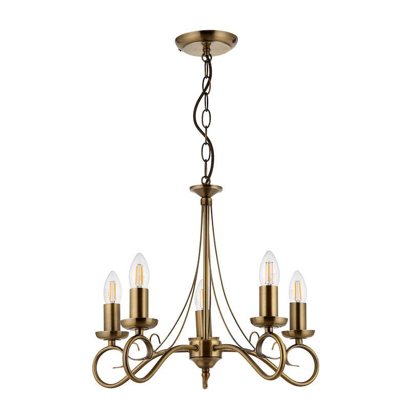 Traditional Ceiling Pendant Lights - Trafford Antique Brass Finish 5 Light Chandelier 61639 full view turned off