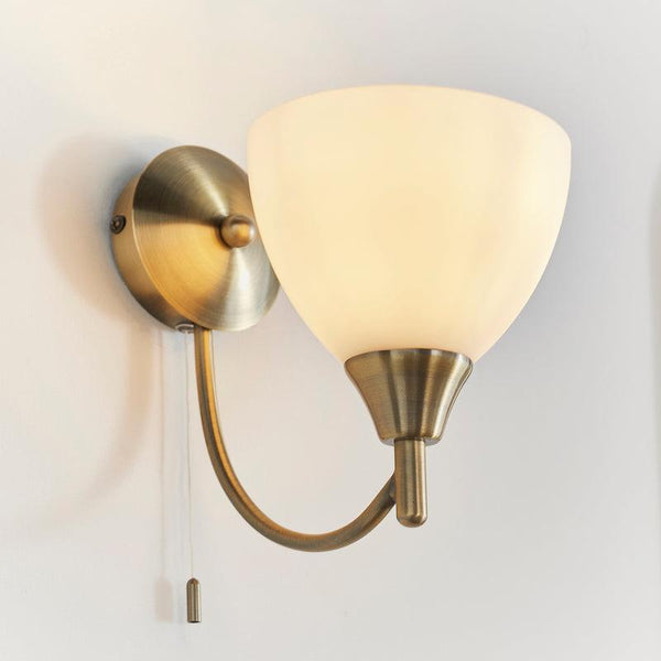 Art Deco Wall Light - Alton Single Arm Antique Brass Finish Wall Light 1805-1AN turned on left