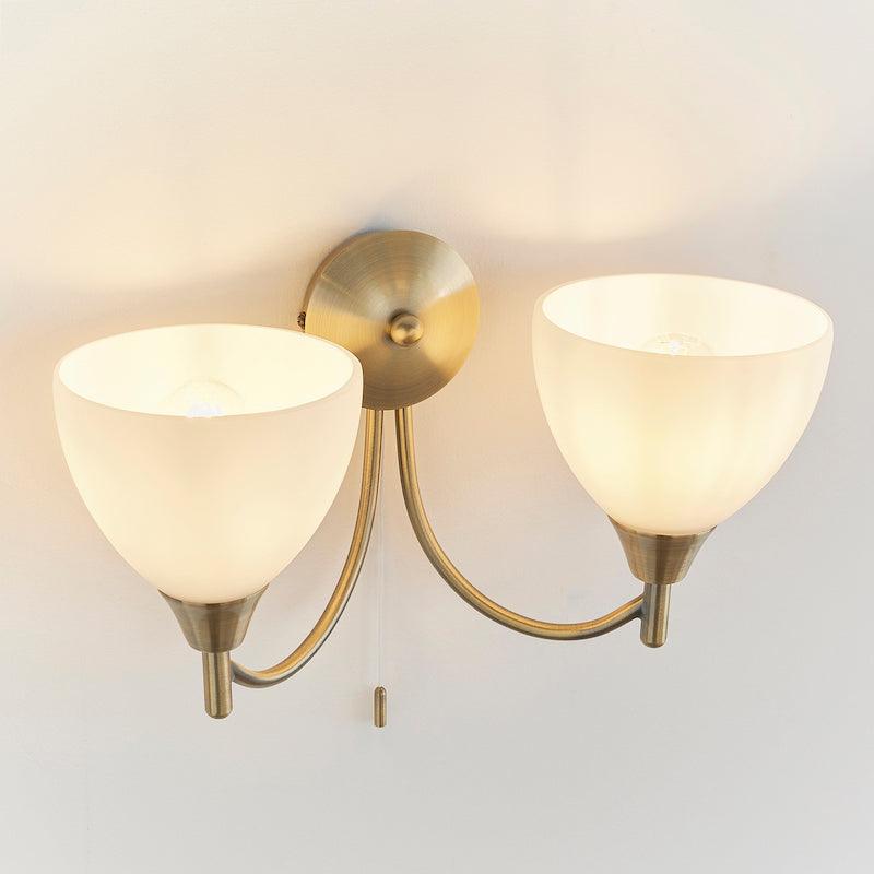 Art Deco Wall Light - Alton Twin Arm Antique Brass Finish Wall Light 1805-2AN outer view turned on