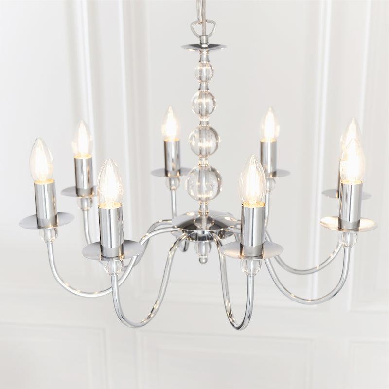 Traditional Ceiling Pendant Lights - Parkstone Chrome Finish 8 Light Chandelier 2013-8CH upper angle