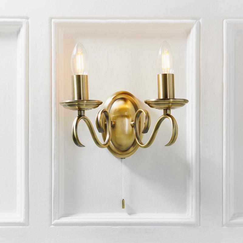 Traditional Wall Lights - Bernice Antique Brass Finish Twin Arm Wall Light 2030-2AN front view