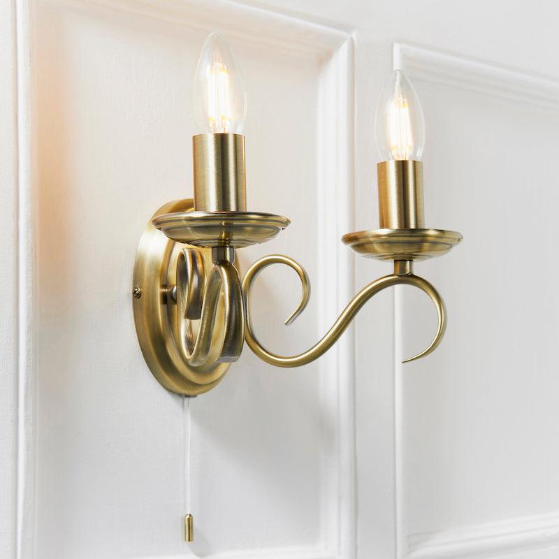 Traditional Wall Lights - Bernice Antique Brass Finish Twin Arm Wall Light 2030-2AN side view
