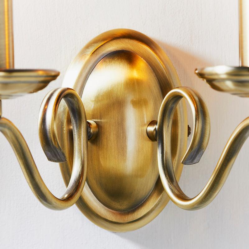 Traditional Wall Lights - Bernice Antique Brass Finish Twin Arm Wall Light 2030-2AN front view fitting on wall