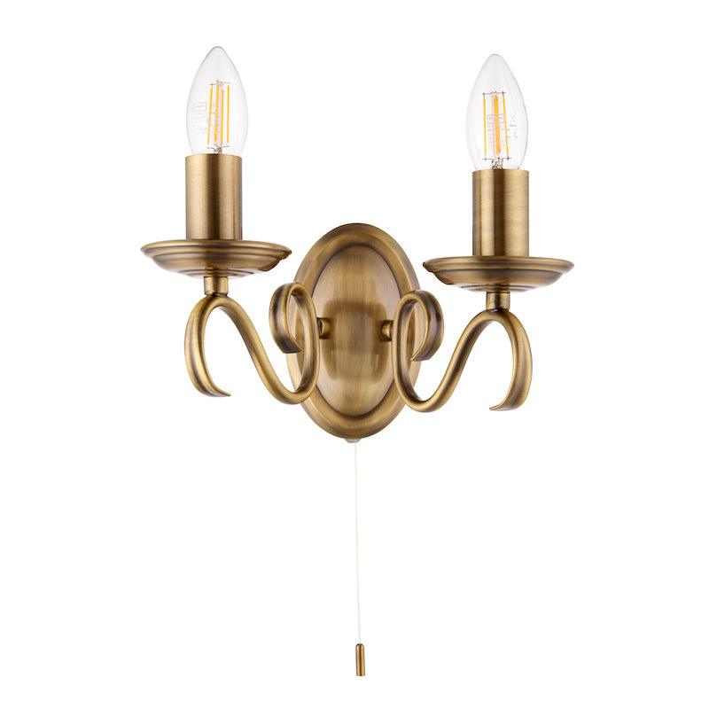 Traditional Wall Lights - Bernice Antique Brass Finish Twin Arm Wall Light 2030-2AN full front view