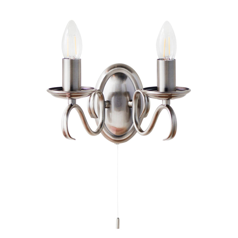 Traditional Wall Lights - Bernice Antique Silver Finish Twin Arm Wall Light 2030-2AS front view 2
