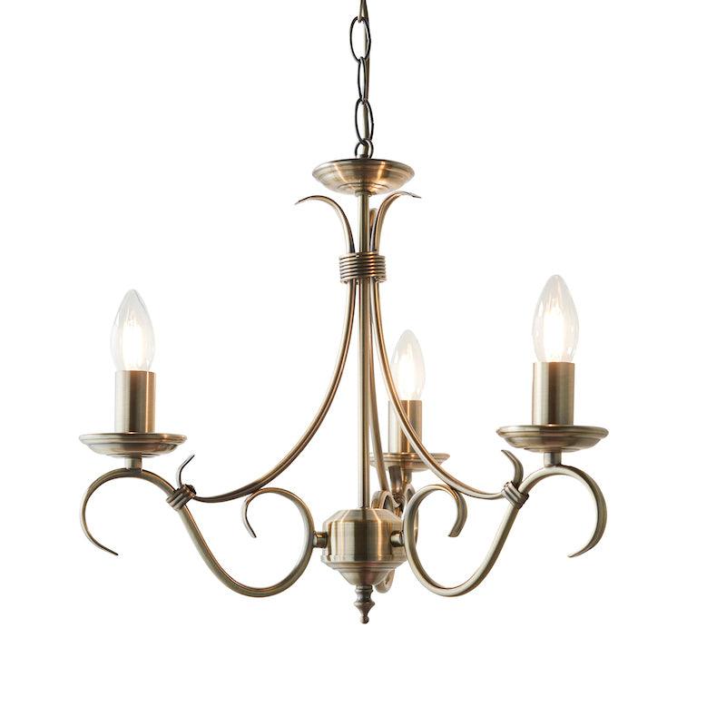 Traditional Ceiling Pendant Lights - Bernice Antique Brass Finish 3 Light Chandelier 2030-3AN 2030-3AN close up 3